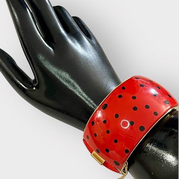 Huge Statement Vintage Red With Black Polka Dots Hinge Bangle Bracelet - Picture 2 of 10